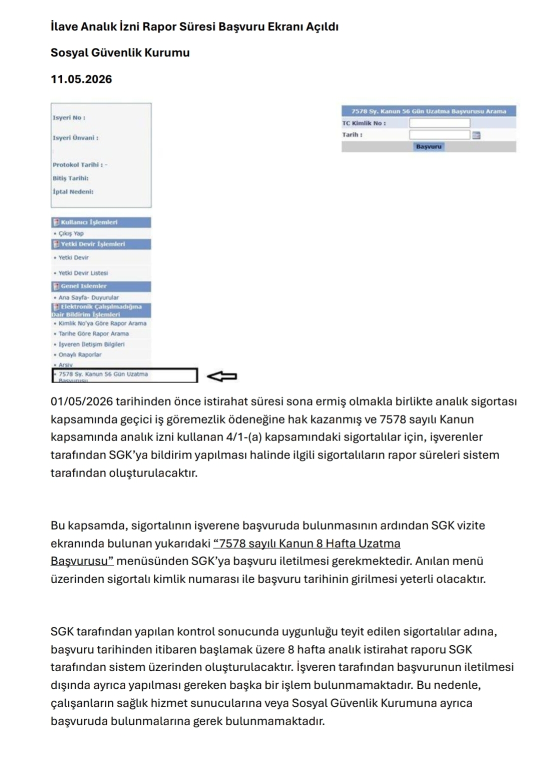 İlave Analık İzni Rapor Süresi Başvuru Ekranı